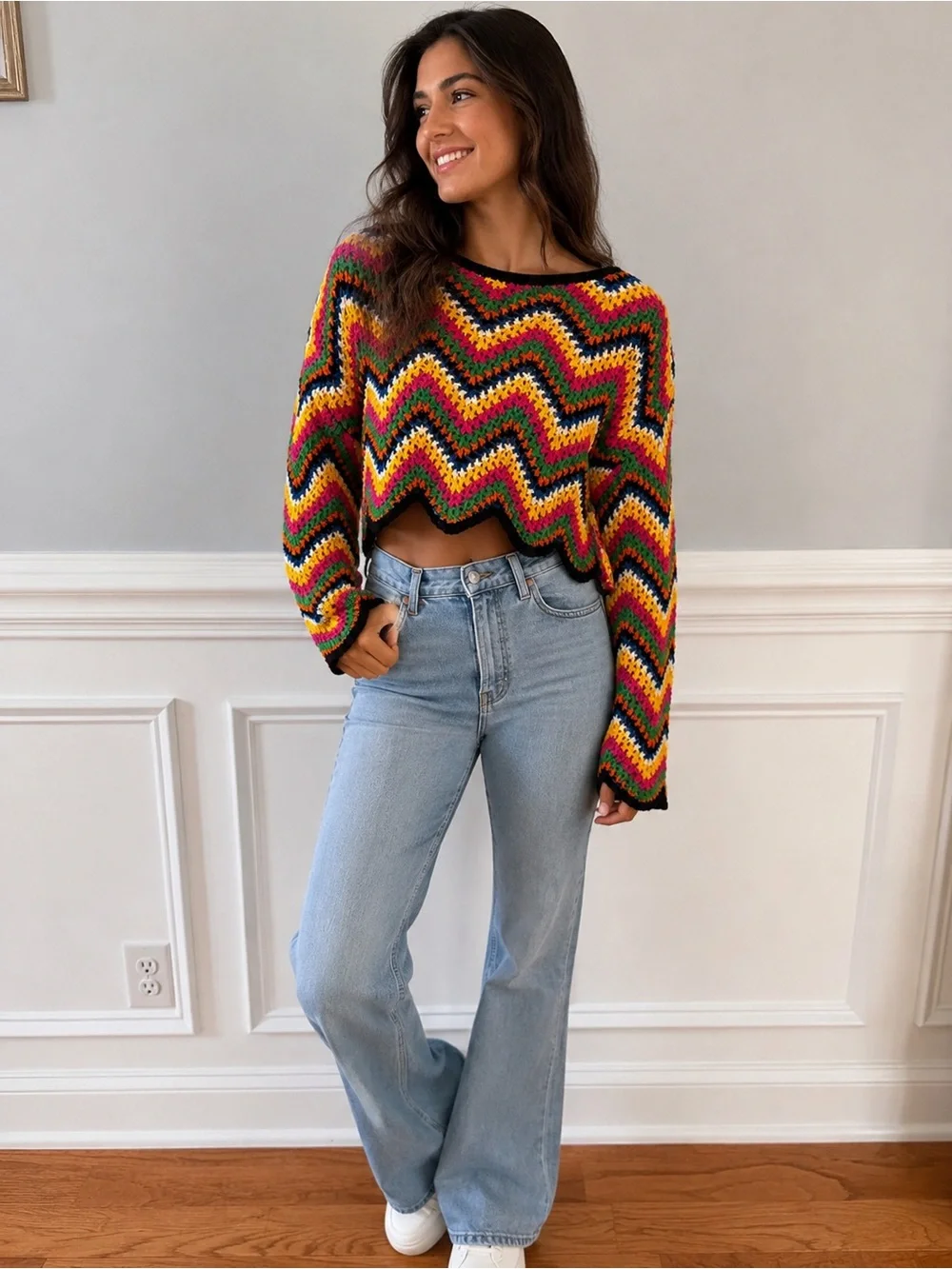 Zara‎ Colorful Crochet Zigzag Sweater – Size Large